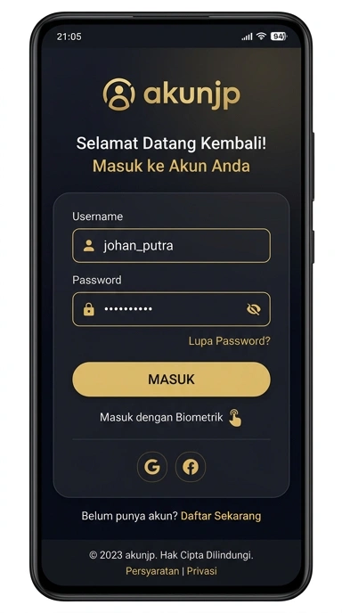 Tampilan halaman login akunjp