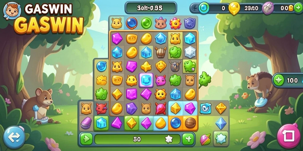 Tampilan antarmuka yang menarik di GASWIN dengan elemen Puzzle Match-3.